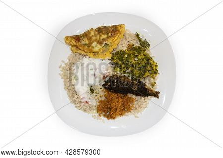 Kerala Style Traditional Matta Rice And Dishes In White Background.