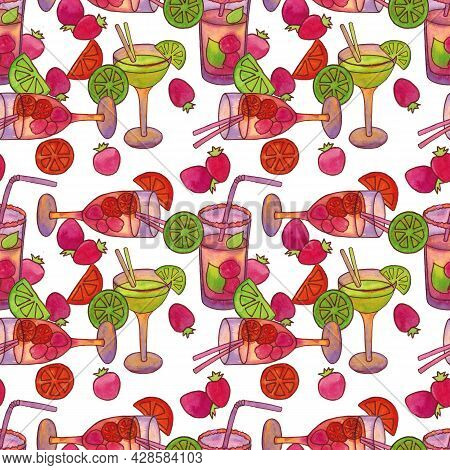 Seamless Pattern With Cocktails. Classic Tropical Cocktails. Mixed Non-alcoholicdrink With Straws An