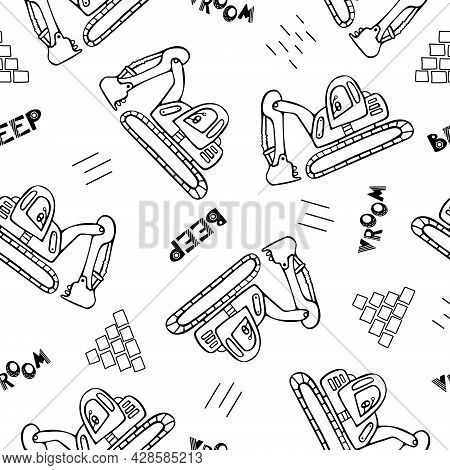Construction Machinery Seamless Pattern. Doodle Vector Illustration For Boys In A Scandinavian Style