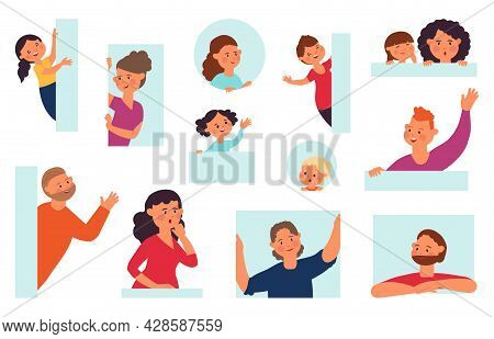 Cartoon People Peeping. Isolated Curious Teen, Men Peep From Window. Smile, Confused Or Surprised Pe