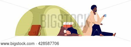 Cartoon Refugee Characters. Homeless Problems, Poor Woman And Man Live In Tent. Male Panhandle, Fema