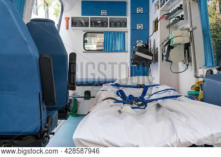 Inside Of Medical Helicopter With Emergency Life Support Equipment.