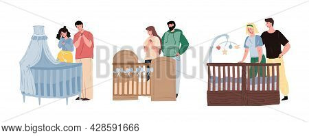 Vector Flat Cartoon Family Characters, Future Parents Mom Dad Look On Nursery Crib With Love, Thinki
