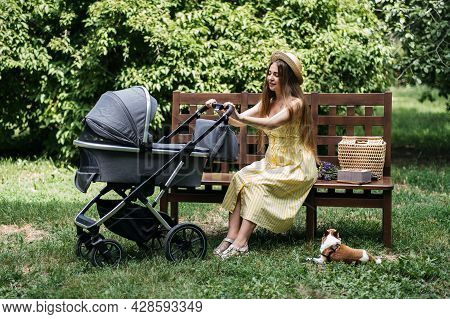 Baby Strollers For Newborn. Young Mother With Newborn Baby In Stroller Sitting On Bench In The Park.