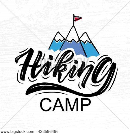 Hand Sketched Camping Set Lettering Typography. Concept For Hiking Camp, Camping, Night Fishing Camp