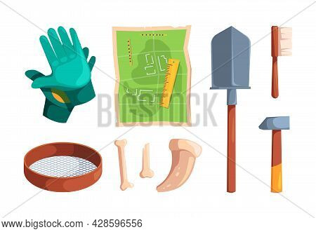 Archeology Tools. Digging Items Archiological Equipment For Ancient Knowledge Antique Artifacts Skul