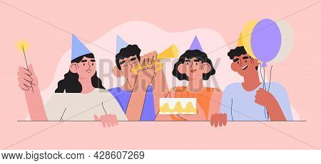Group Of Smiling People Celebrating Birthday Or Anniversary. Men And Women Have Birthday Party With 