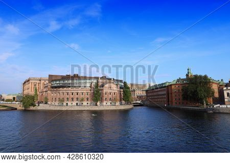 Riksdag (parliament Of Sweden) Building In Stockholm. Sunset Light.
