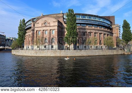 Riksdag (parliament Of Sweden) Building In Stockholm. Sunset Light.