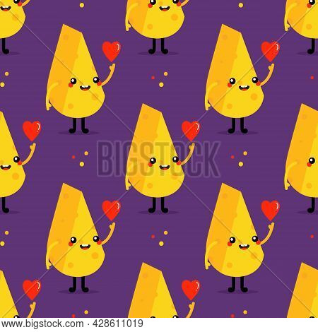 Cute Smiling Cartoon Style Cheese Chunk Character Holding In Hand Red Heart Vector Seamless Pattern 