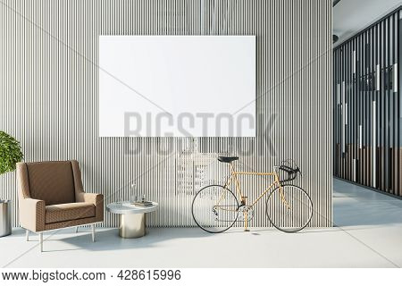 Modern Hipster Office Interior With Bike, Empty Poster On Partition Wall And Furniture. Mock Up, 3d 