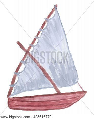 Vector Color Drawing Of One Sailing Boat, Stylized As A Watercolor. Simple Clipart Of Dhow Fishing V