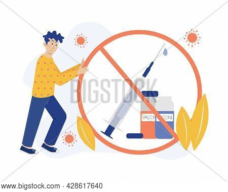 Refusal Of Vaccination Vector Concept Illustration. Man Moves Refusal Symbol. Healthcare Metaphor. F