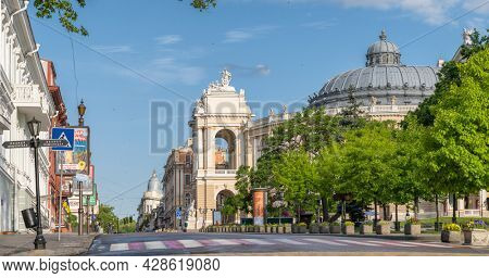 Odessa, Ukraine - June 7, 2021: Sunny morning in the historical center of Odessa at summer, Ukraine. Beautiful panoramic view of the Odessa State Academic Opera and Ballet Theater