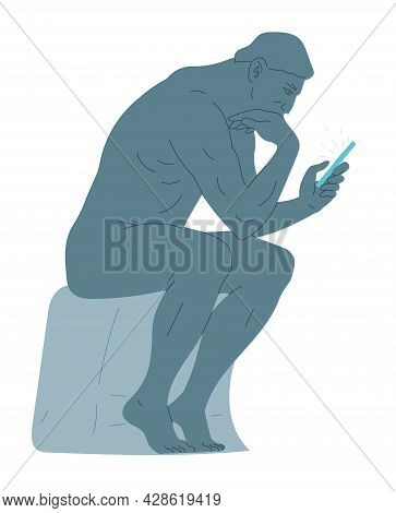 Statue Of Thinker Sitting With A Smartphone In His Hand