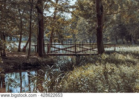 Wooden Bridge In Summer In The Park Weissenstein Castle, Germany, Bavaria, Weissenstein Palace In Po