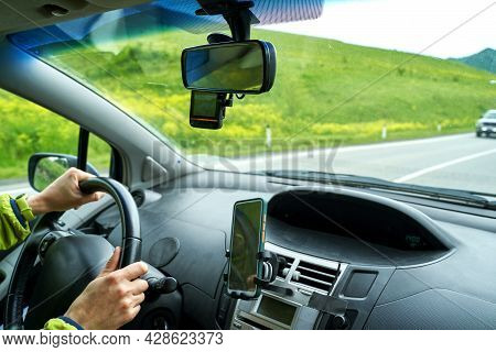 Man Drive Car. Mountain Road View. Responsible Travel Vacation. Staycation Concept. Roadtrip Weekend