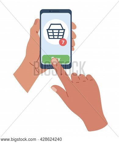 Hand Holing Smart Phone With Buy Button On The Screen. E-commerce Flat Design Concept. Using Mobile 