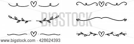 Hand drawn dividers. Doodle dividers in black. Handwritten decoration vector. Hand-drawn frame with leaf and heart. Sketch style. Stock vector EPS 10