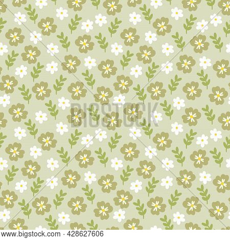 Cute Vector Seamless Pattern With Cartoon Flowers. It Can Be Used As Wallpaper, Poster, Print For Cl