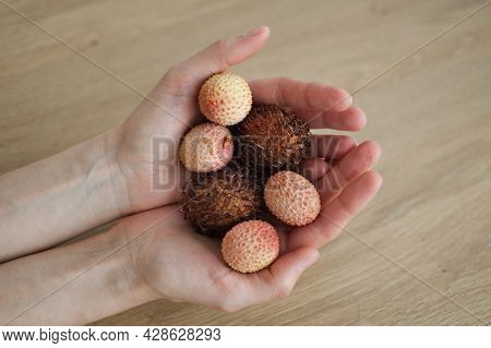Female Hands Are Holding Exotic Ripe Rambutan And Leechy Or Lychee Fruits. Healthy Food, Fresh Organ