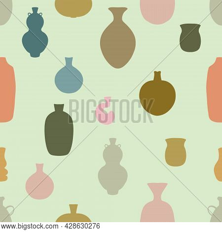 Seamless Pattern Backdrop With Set Of Abstract Ceramic Vase Shapes. Various Pottery Ceramic Jugs In 