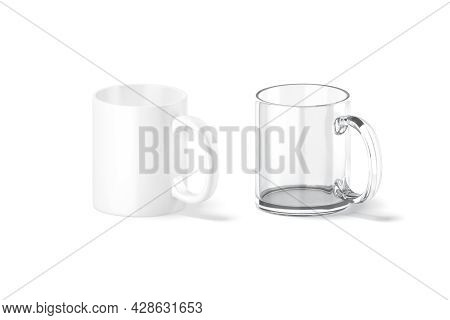 Blank Ceramic And Glass 11oz Mug With Handle Mockup Stand, 3d Rendering. Empty Glassful Coffeemug Fo