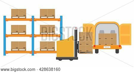 Agv Automated Guided Vehicles Forklift Loading Goods To Delivery Truck. Vector And Illustration Desi