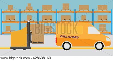 Interior Of Modern Logistic Warehouse. Agv Automated Guided Vehicles Forklift Loading Goods To Deliv