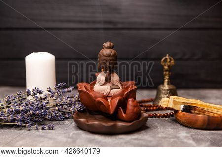 Abstract Picture Of A Modern Interior In Oriental Style, Selective Focus On Smoking Incense Sticks A