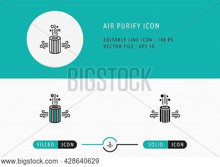 Air Purify Icons Set Editable Stroke Vector Illustration. Clean Air Filtering Symbol. Icon Line Styl