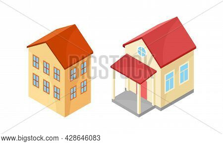Detached House Or Residence As Free-standing Building Isometric Vector Set
