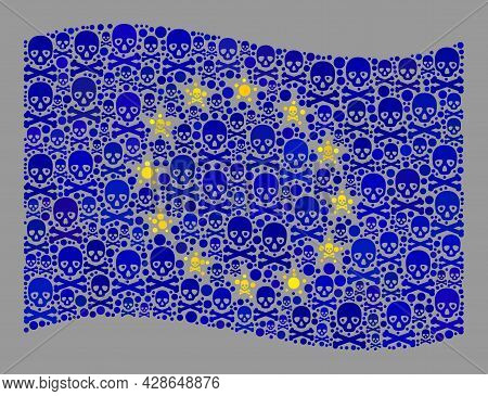 Mosaic Waving Europe Flag Designed With Death Items. Pirate Vector Waving Mosaic Europe Flag Designe