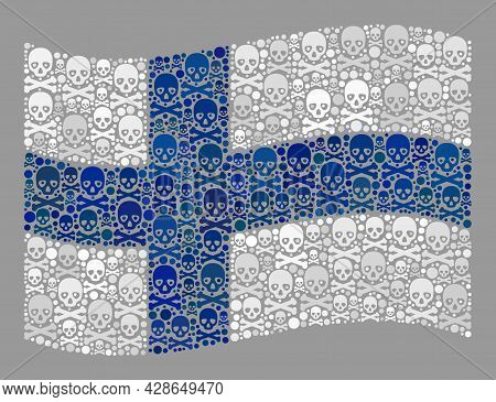 Mosaic Waving Finland Flag Designed Of Skull Items. Pirate Vector Waving Mosaic Finland Flag Organiz