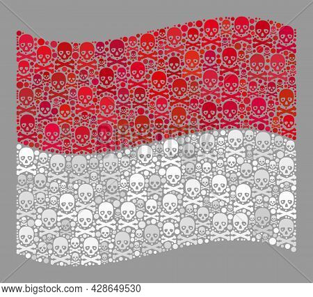 Mosaic Waving Monaco Flag Created With Death Elements. Risk Vector Waving Mosaic Monaco Flag Created