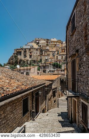 Caccamo,sicily,italy.view Of Popular Hilltop Medieval Town With Colorful And Stone Houses.medieval V