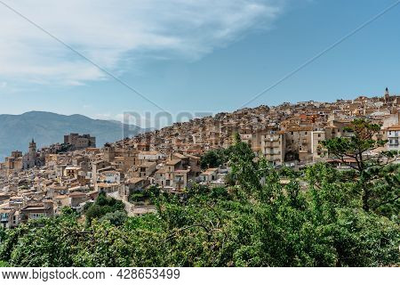 Caccamo, Sicily, Italy. View Of Popular Hilltop Medieval Town With Impressive Norman Castle And Surr