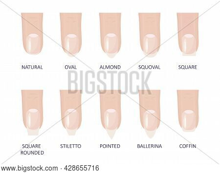 Manicure Most Popular Fashion Nail Shapes Flat Style Vector Illustration Set Isolated Light Blue Bac