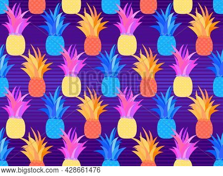 Pineapple Seamless Pattern In 80s Style. Colorful Pineapples. Summer Fruit Pattern. Tropical Backgro