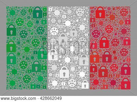 Mosaic Covid Lockdown Italy Flag Constructed Of Locks And Covid Items. Vector Mosaic Rectangle Italy