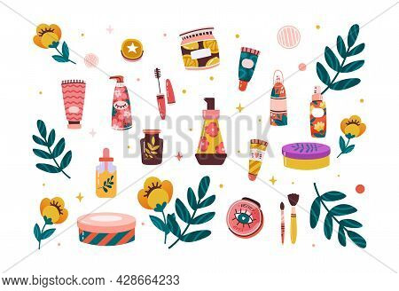 Set Of Colorful Bottles, Jars And Tubes With Organic Cosmetics On White Background. Flowers, Leaves 