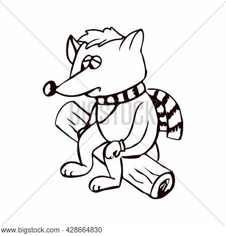 Cute Fox Character In A Scarf And Mittens Sits On A Log Sad. Doodle Style Vector Illustration Isolat