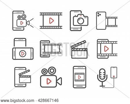Shooting On Phone Icons Set. Videomaker Vector Signs For Web Graphics.
