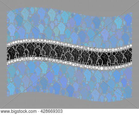 Mosaic Waving Botswana Flag Created Of Protest Items. Riot Hand Vector Mosaic Waving Botswana Flag D