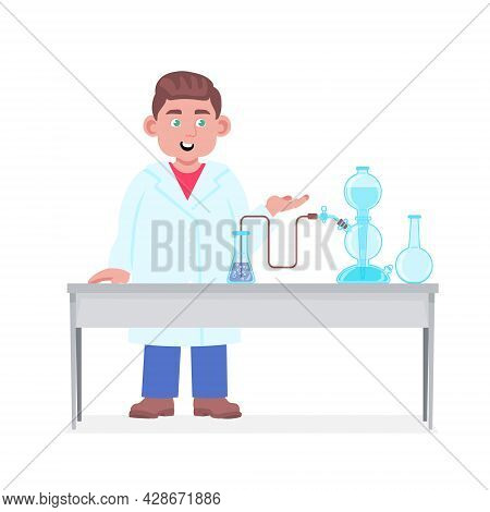 The Laboratory Assistant Shows Experience. Kipp Appartment And Flasks. Vector Character In Cartoon S