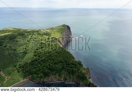 Aerial Drone Photo Of Mayachny Cape On Kamchatka Peninsula On Picturesque Avacha Bay Coast Covered B