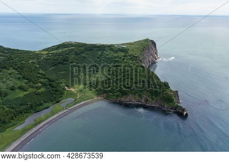 Aerial Drone Photo Of Mayachny Cape On Kamchatka Peninsula On Picturesque Avacha Bay Coast Covered B