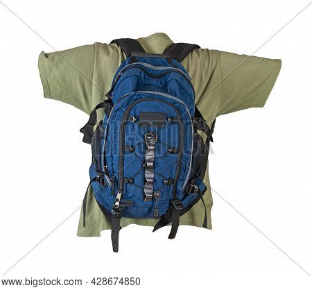 Dark Blue Backpack Dressed For Olive T-shirt Isolated On A White Background.