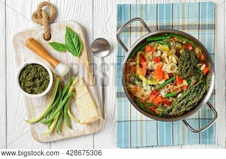 Vegetarian Summer Soupe Au Pistou, French Vegetable Bean Soup With Sauce Pesto And Herbs In A Metal 