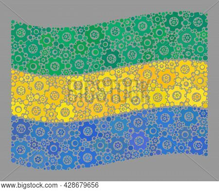 Mosaic Waving Gabon Flag Designed With Development Items. Vector Gear Wheel Mosaic Waving Gabon Flag